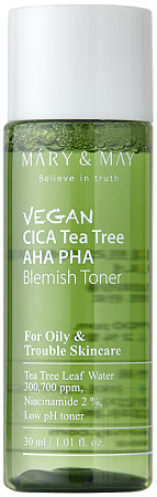 Mary&May~Успокаивающий тонер с экстрактом центеллы азиатской~Vegan Cica Tea Tree AHA PHA Toner